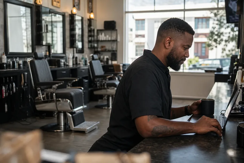 Owner of a small barbershop at the front desk preparing the client list export