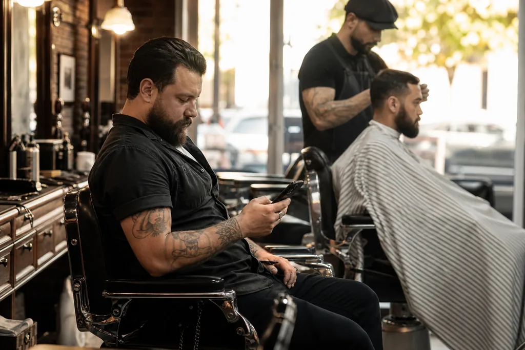 A barber checking booking requests on his phone between clients in his own barbershop