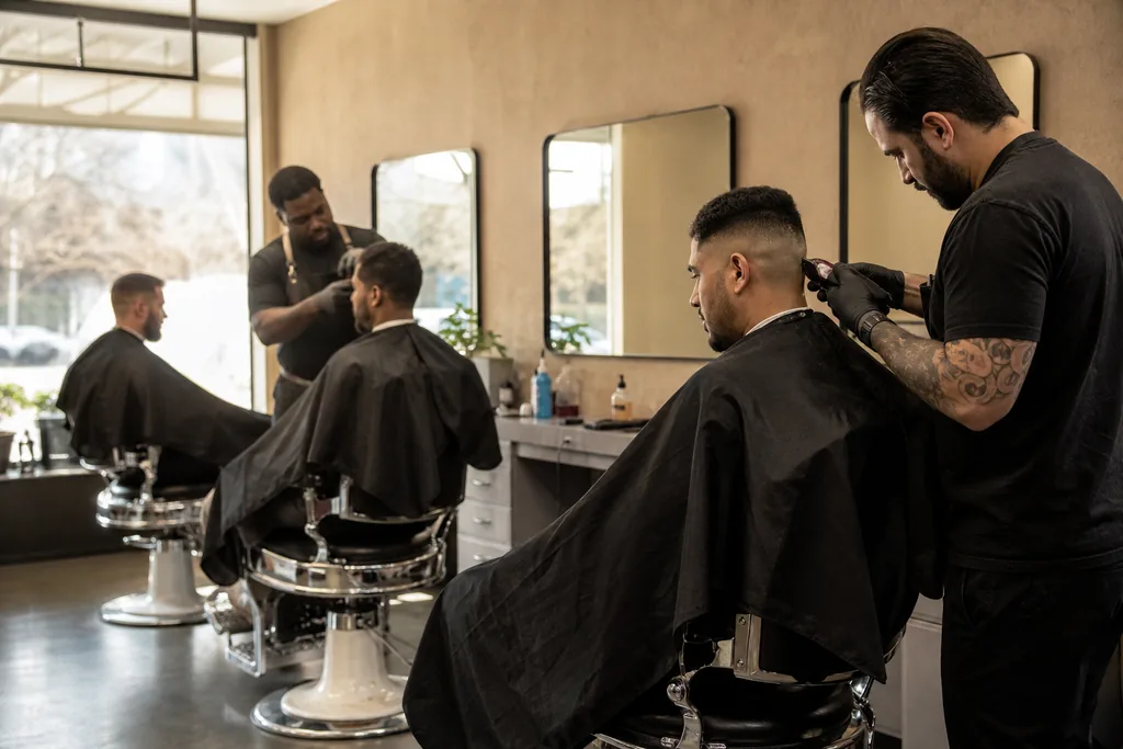 Two barbers giving fades side by side in a four chair barbershop on a Saturday morning
