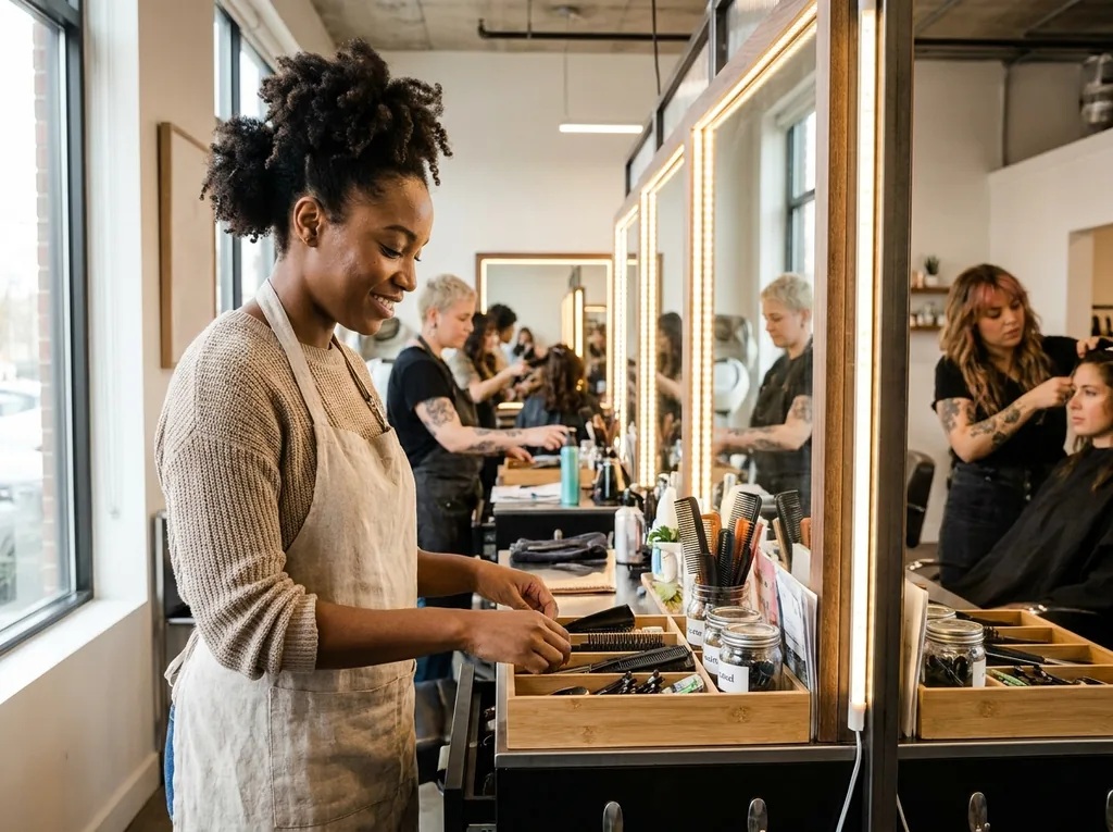 An independent stylist who rents a booth setting up her own station with her own tools before the first client