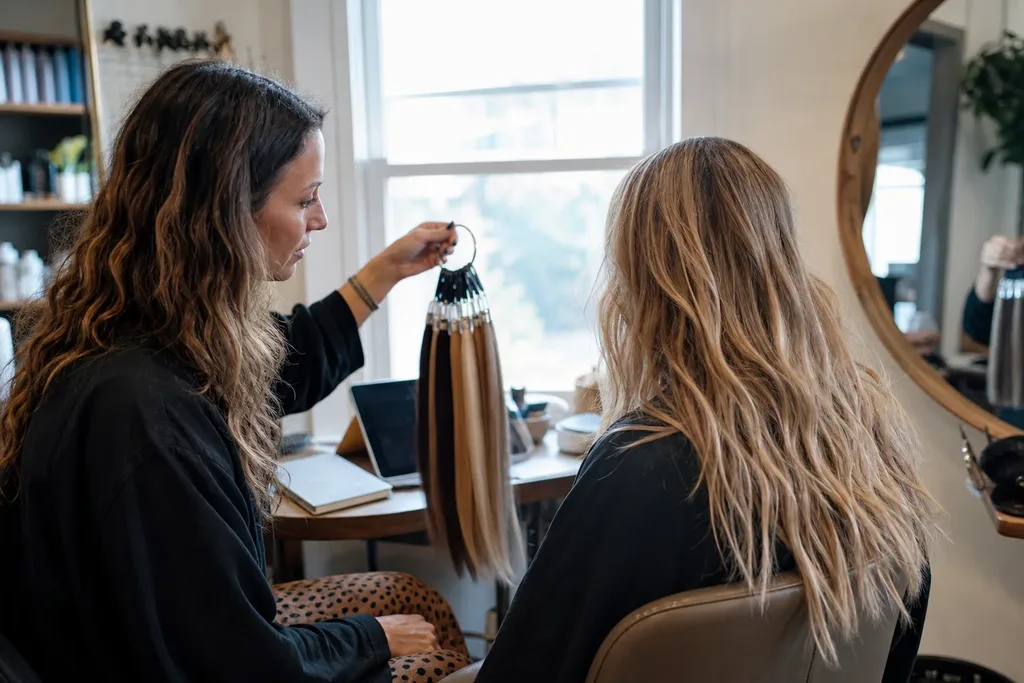 A hair extension specialist matching a client's hair color against a ring of sample wefts during a consultation