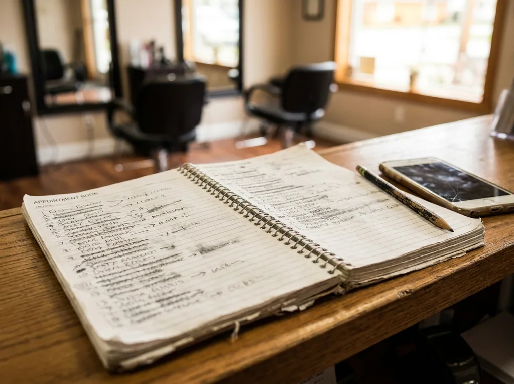 A spiral paper appointment book open on a salon front desk, pages crowded with crossed out pencil bookings