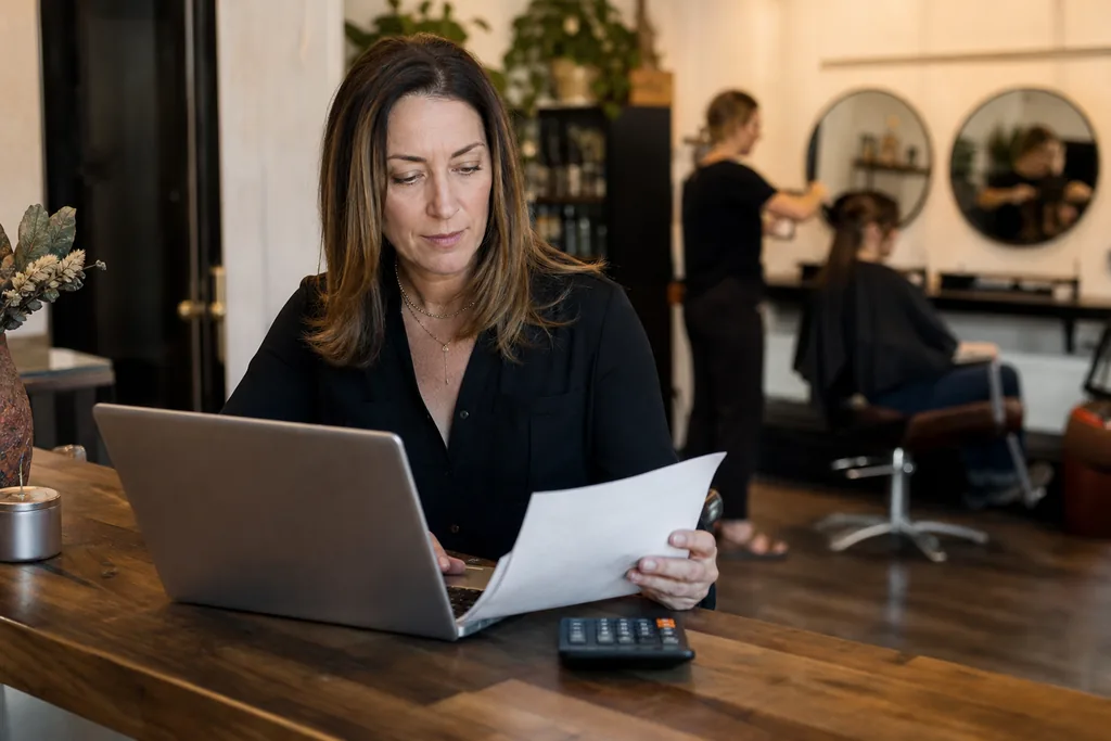 A salon owner reviewing a monthly invoice at her desk