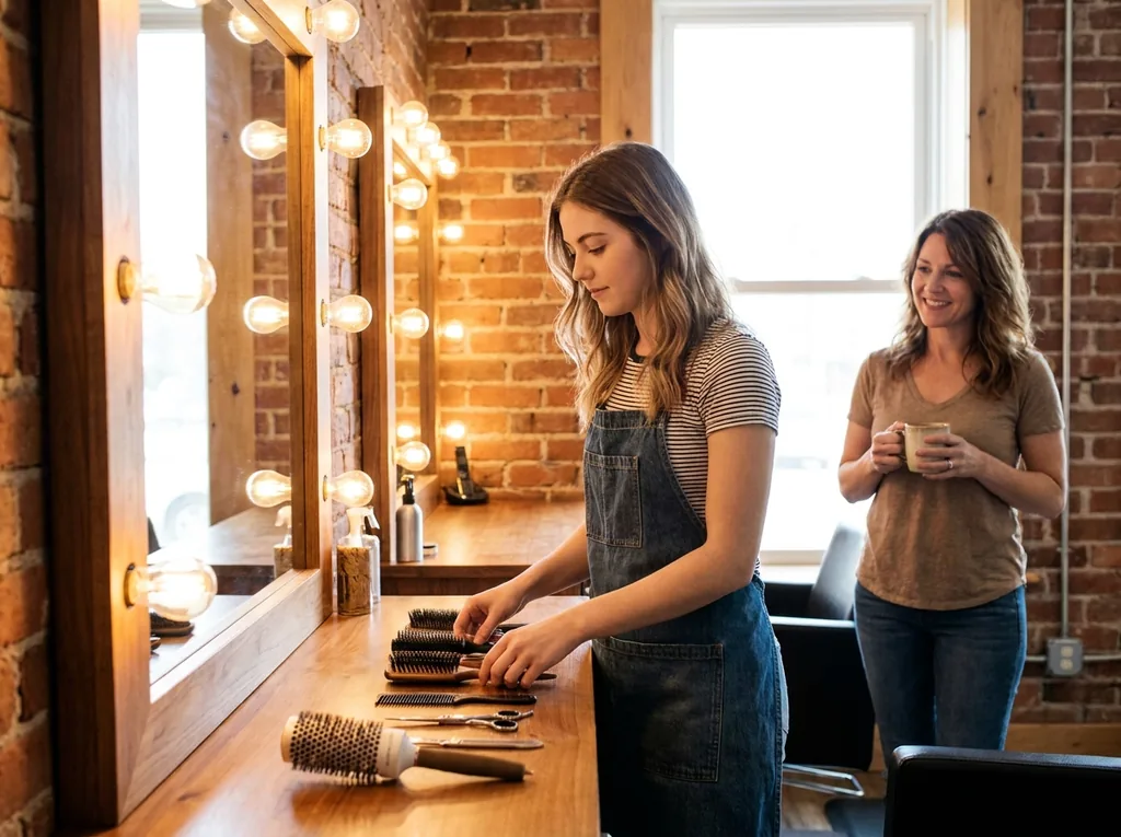 A newly hired stylist setting up her station on her first day in a small hair salon