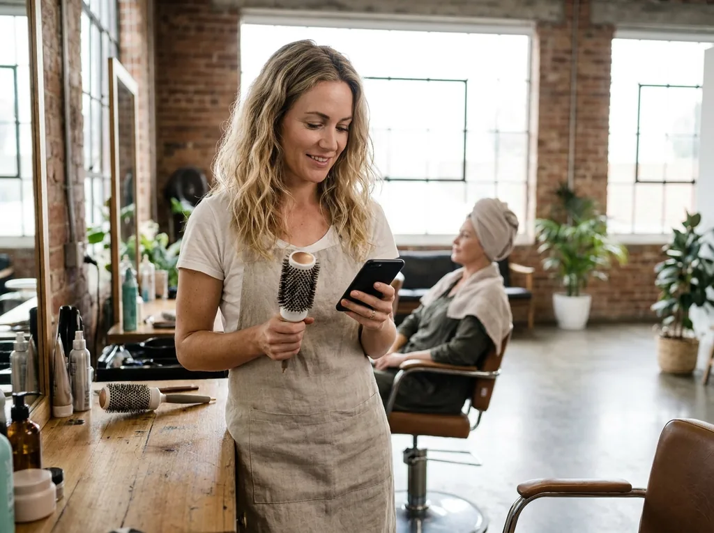 A hairstylist reading a booking request on her phone at her styling station between clients
